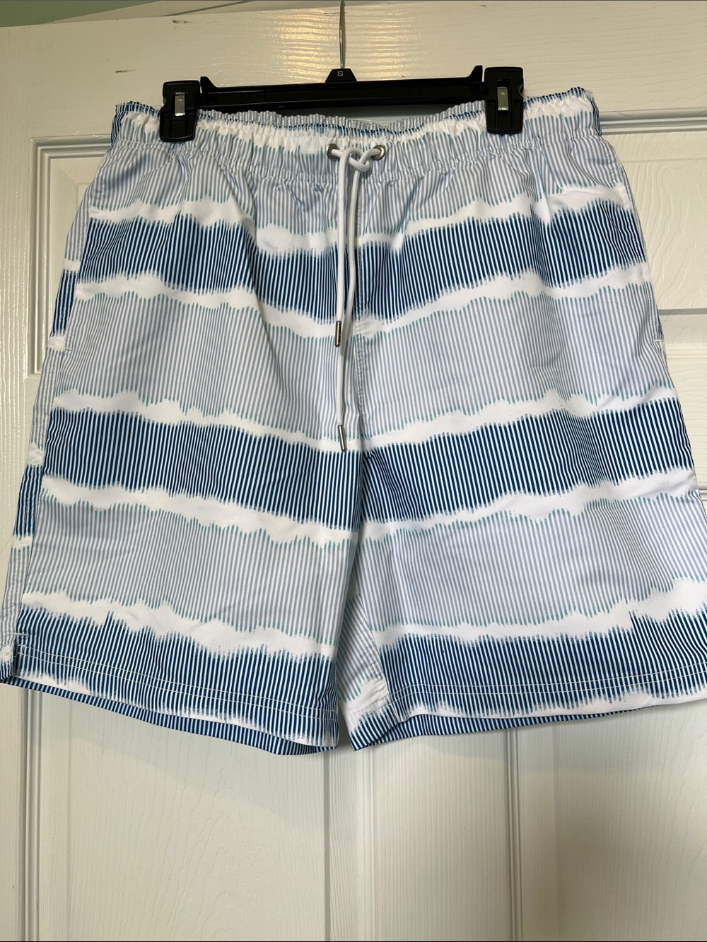 Lands' End White and Blue Tie-Dye Stripe Swim Trunks